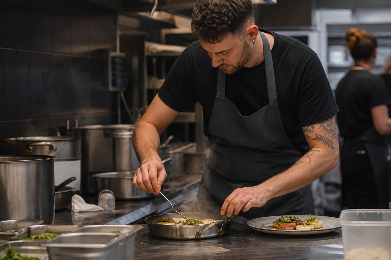 Cook preparing food in a commercial kitchen