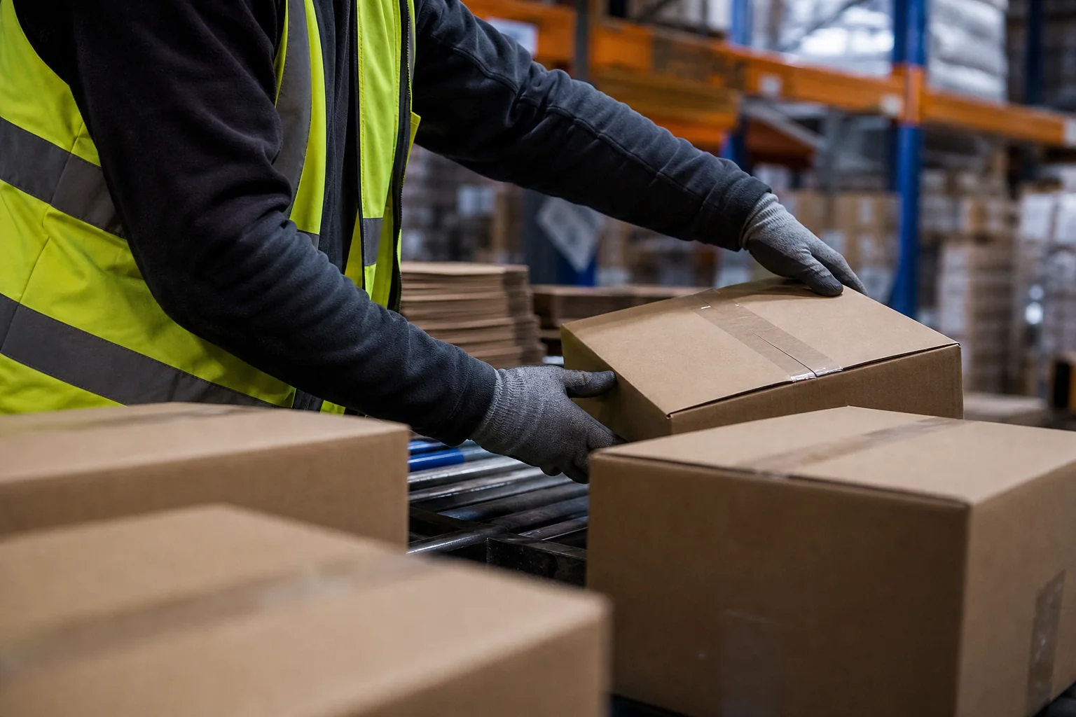 Worker handling boxes in a warehouse